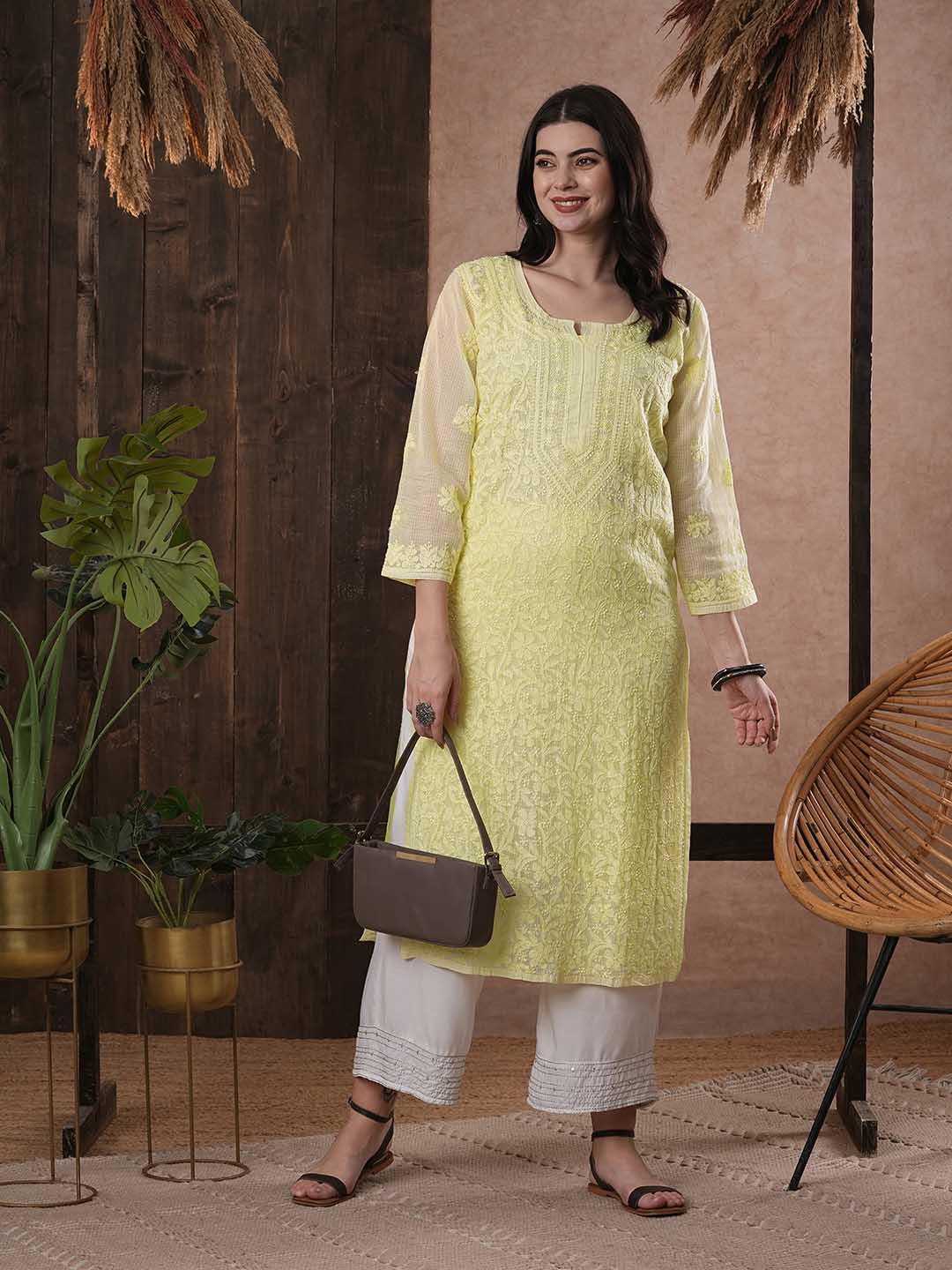 ADA Women Yellow & White Hand Embroidered Chikankari Sustainable Kota Handloom Kurta With Matching Slip - Distacart