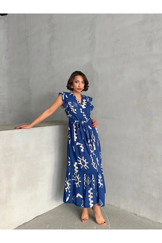 Pimu V-Neck Maxi Dress with Royal-Blue Graphic Print