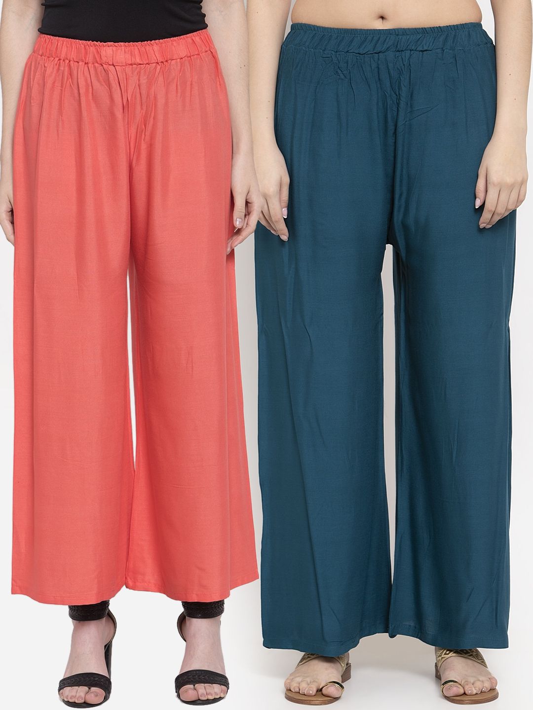 TAG 7 Women Set Of 2 Navy Blue & Peach-Coloured Solid Wide Leg Palazzos - Distacart