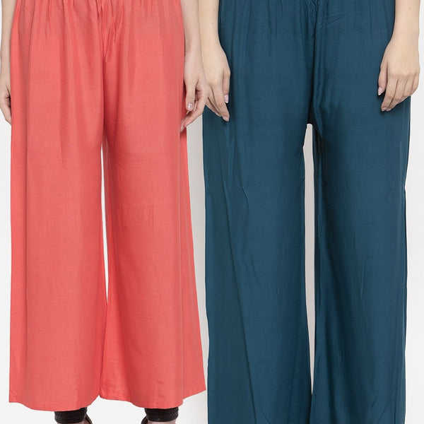 TAG 7 Women Set Of 2 Navy Blue & Peach-Coloured Solid Wide Leg Palazzos - Distacart