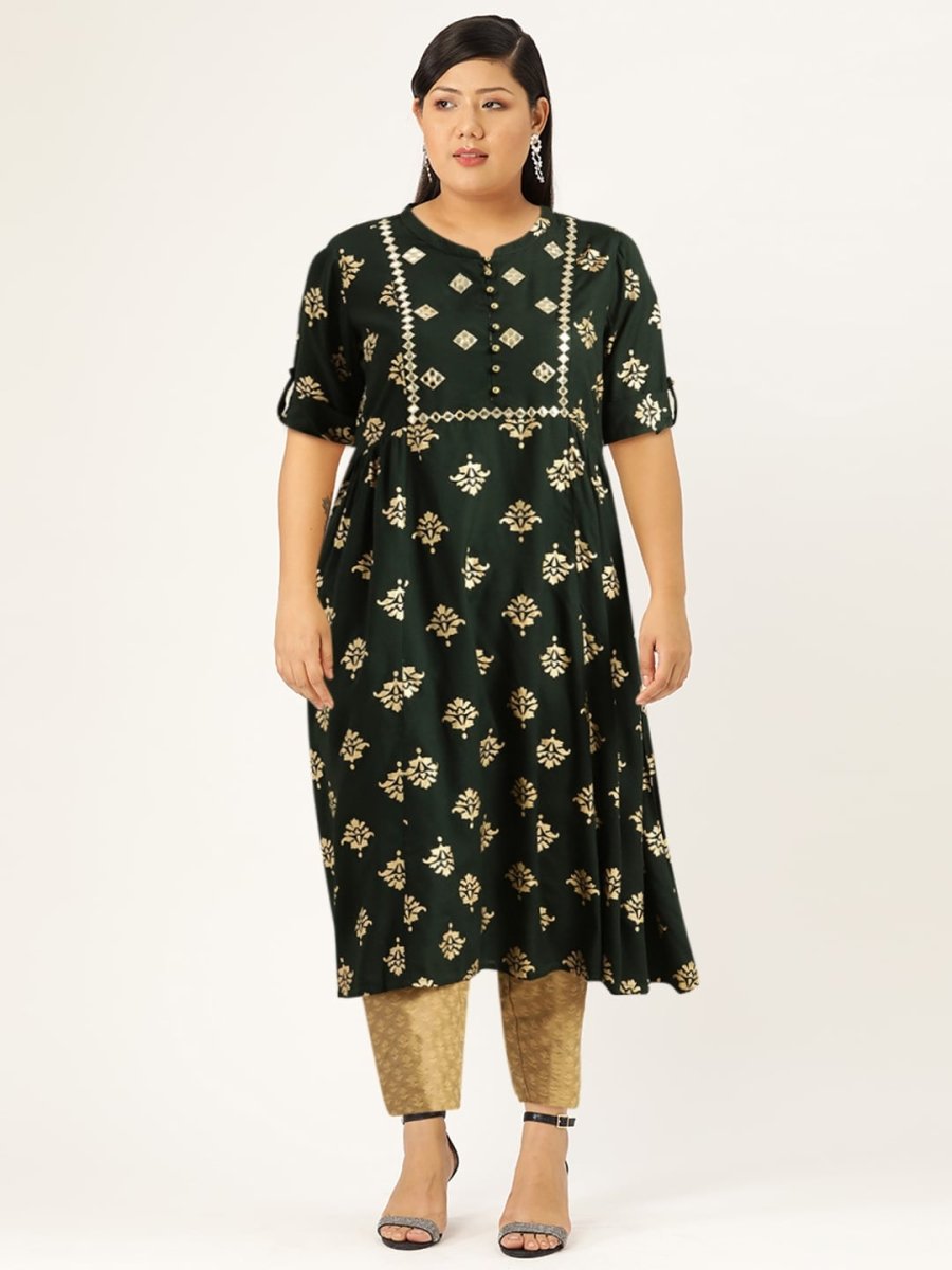 All About You Women Teal Green & Gold-Toned Ethnic Motifs Printed Mirror Work Kurta - Distacart