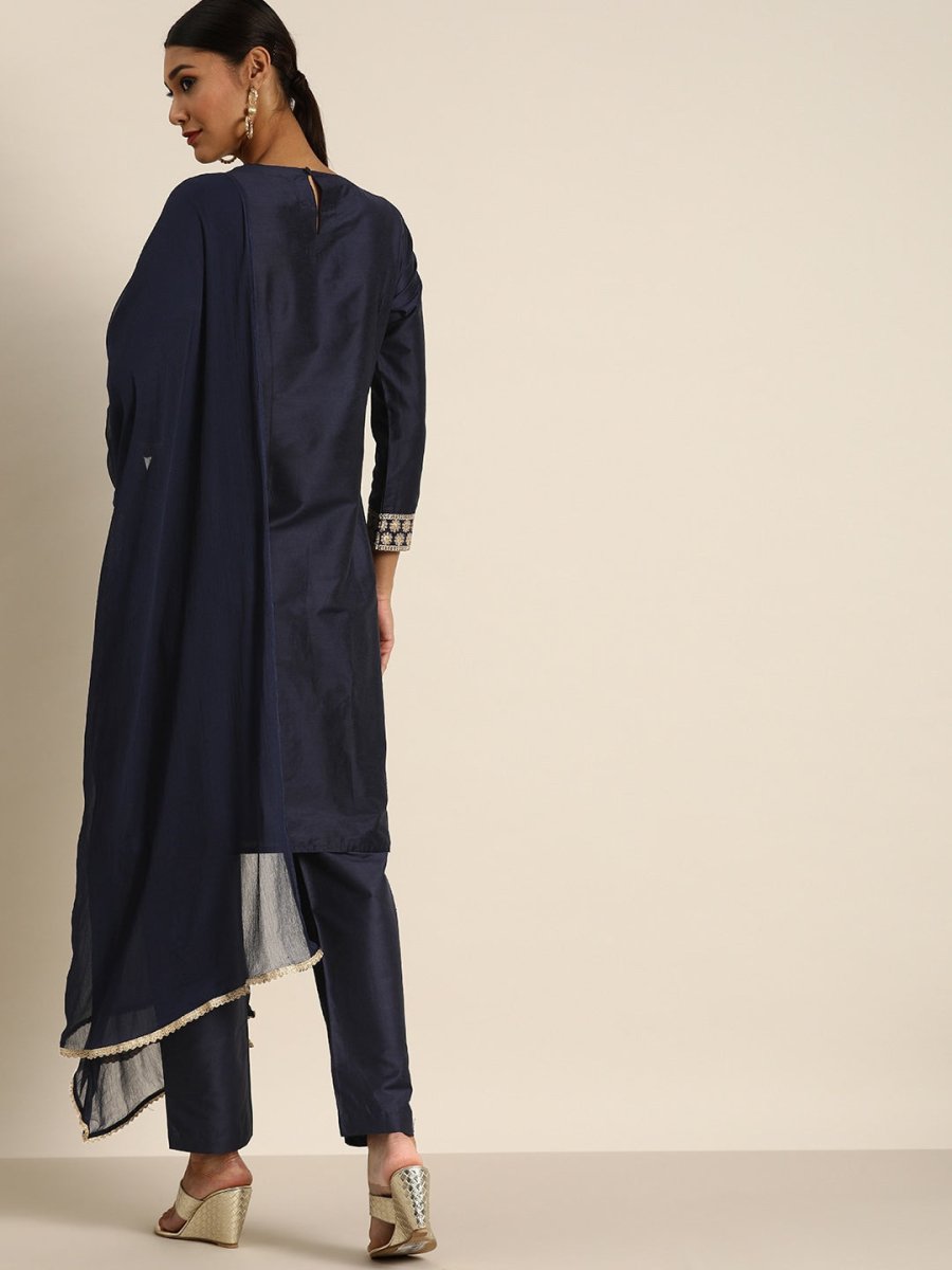 All About You Women Navy Blue & Golden Satin Finish Kurta with Trousers & With Dupatta - Distacart
