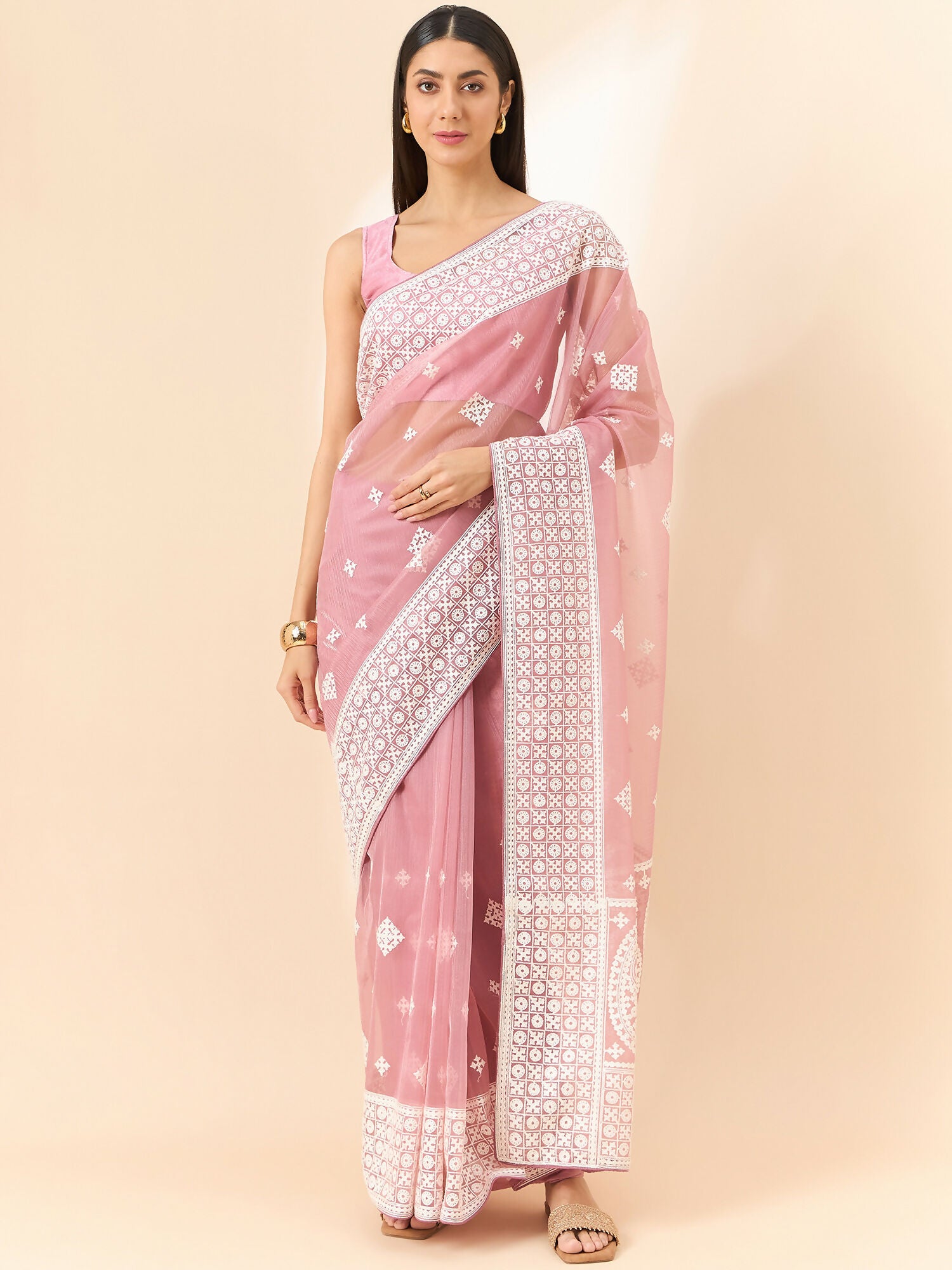 Pink Organza Geometric Embroidered Saree with Unstitched Blouse Piece - Roozal - Distacart