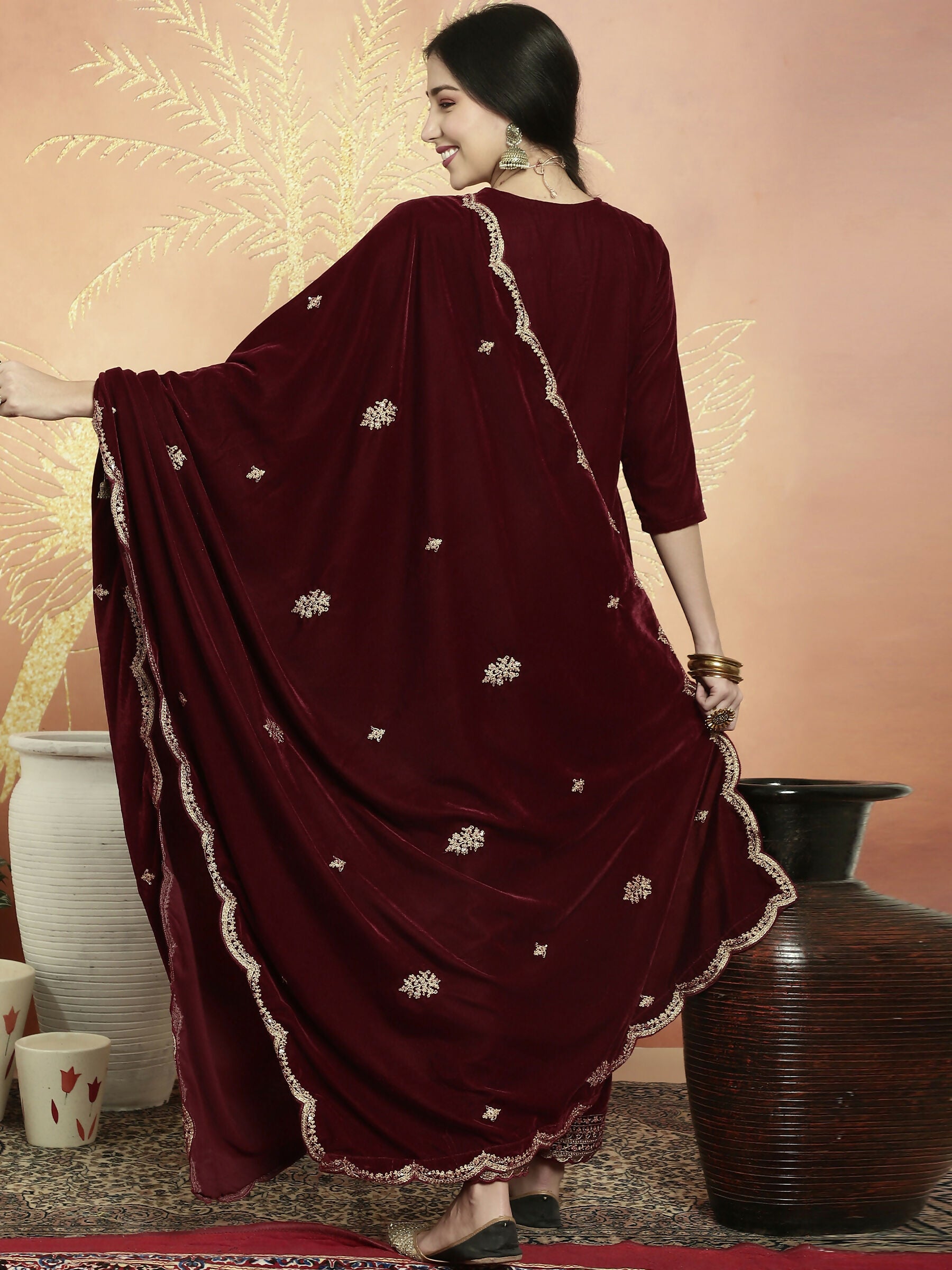 Jyoti Fashion Women's Maroon Velvet Cording with Resham Thread & Sequin Kurta with Trouser & Dupatta - Distacart