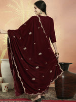 Thumbnail for Jyoti Fashion Women's Maroon Velvet Cording with Resham Thread & Sequin Kurta with Trouser & Dupatta - Distacart