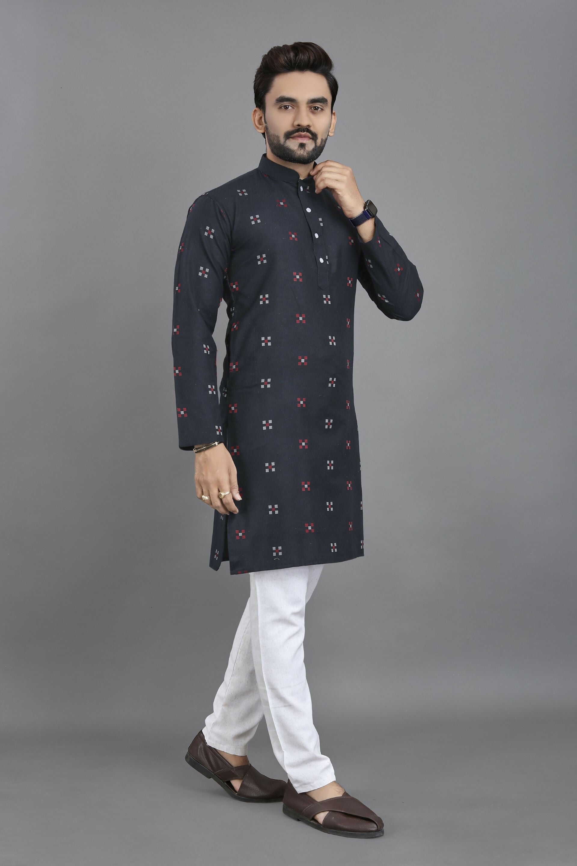 Anaita Navy Blue Weaving Linen Cotton Straight Kurta - Distacart
