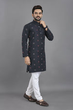 Thumbnail for Anaita Navy Blue Weaving Linen Cotton Straight Kurta - Distacart