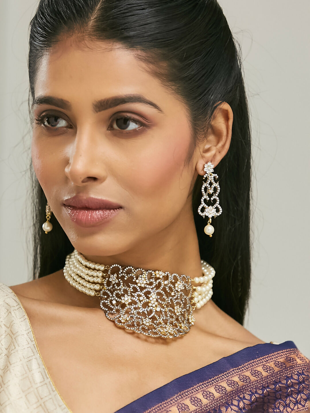 Nuyug 22K Gold-Plated Cubic Zirconia Studded & Pearl Beaded Necklace Set