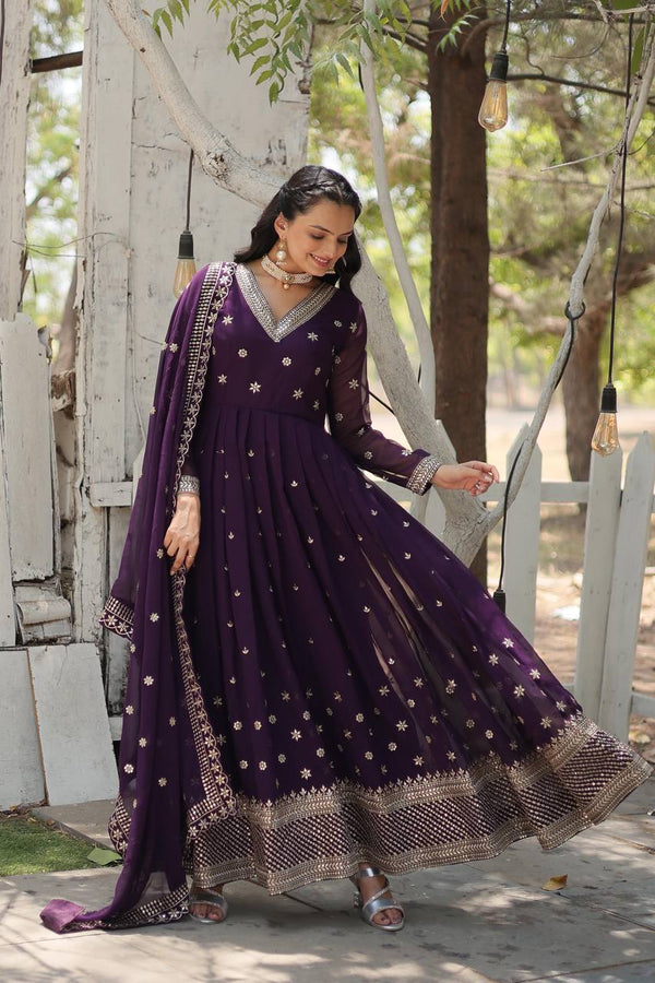 Yash Enterprise Purple Heavy Fux Blooming Embroidery Party Wear Suit
