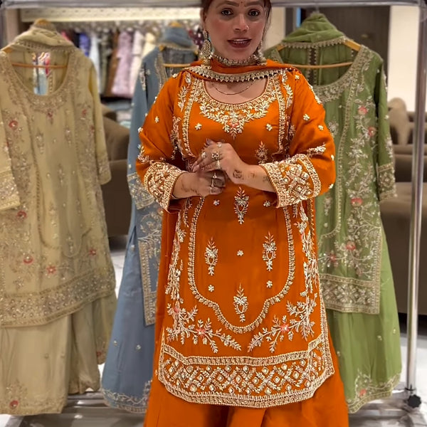 Yash Enterprise Orange Natural Crep Embroidery Party Wear Suit Set - Distacart
