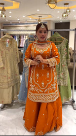 Thumbnail for Yash Enterprise Orange Natural Crep Embroidery Party Wear Suit Set