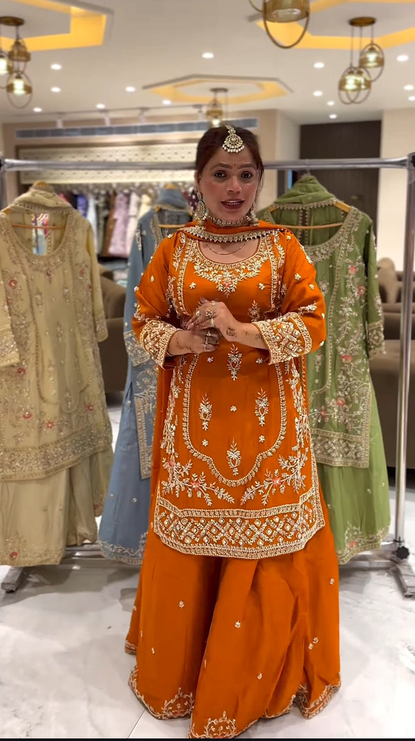 Yash Enterprise Orange Natural Crep Embroidery Party Wear Suit Set