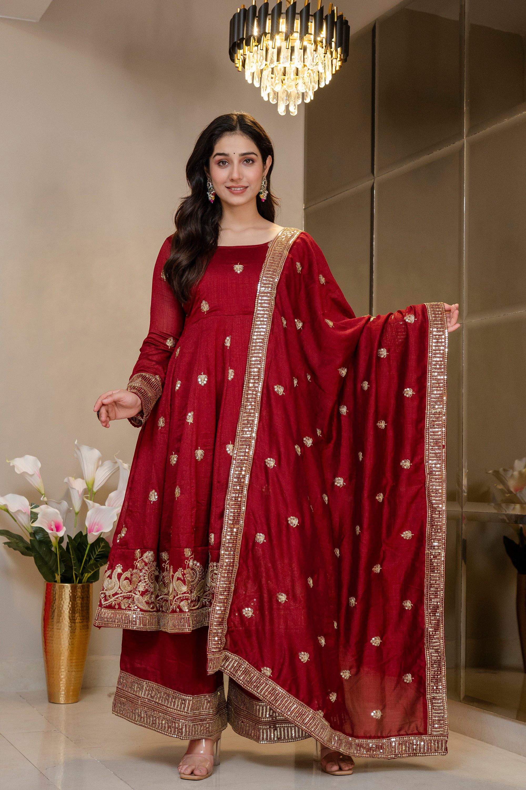 Yash Enterprise Maroon Simmar Silk Party Wear Embroidery Suit Set - Dista