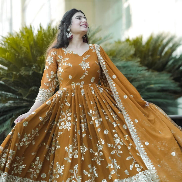 Yash Enterprise Mustard Georgette And Silk Embroidered Anarkali Salwar Suit