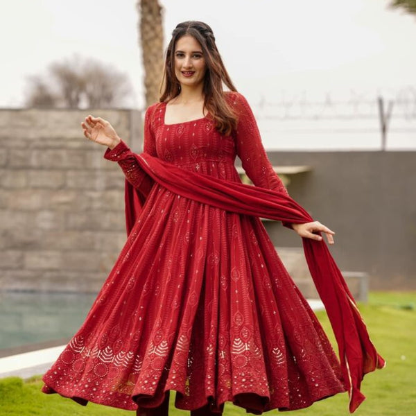 Yash Enterprise Marron Embroidered Georgette Suit Set