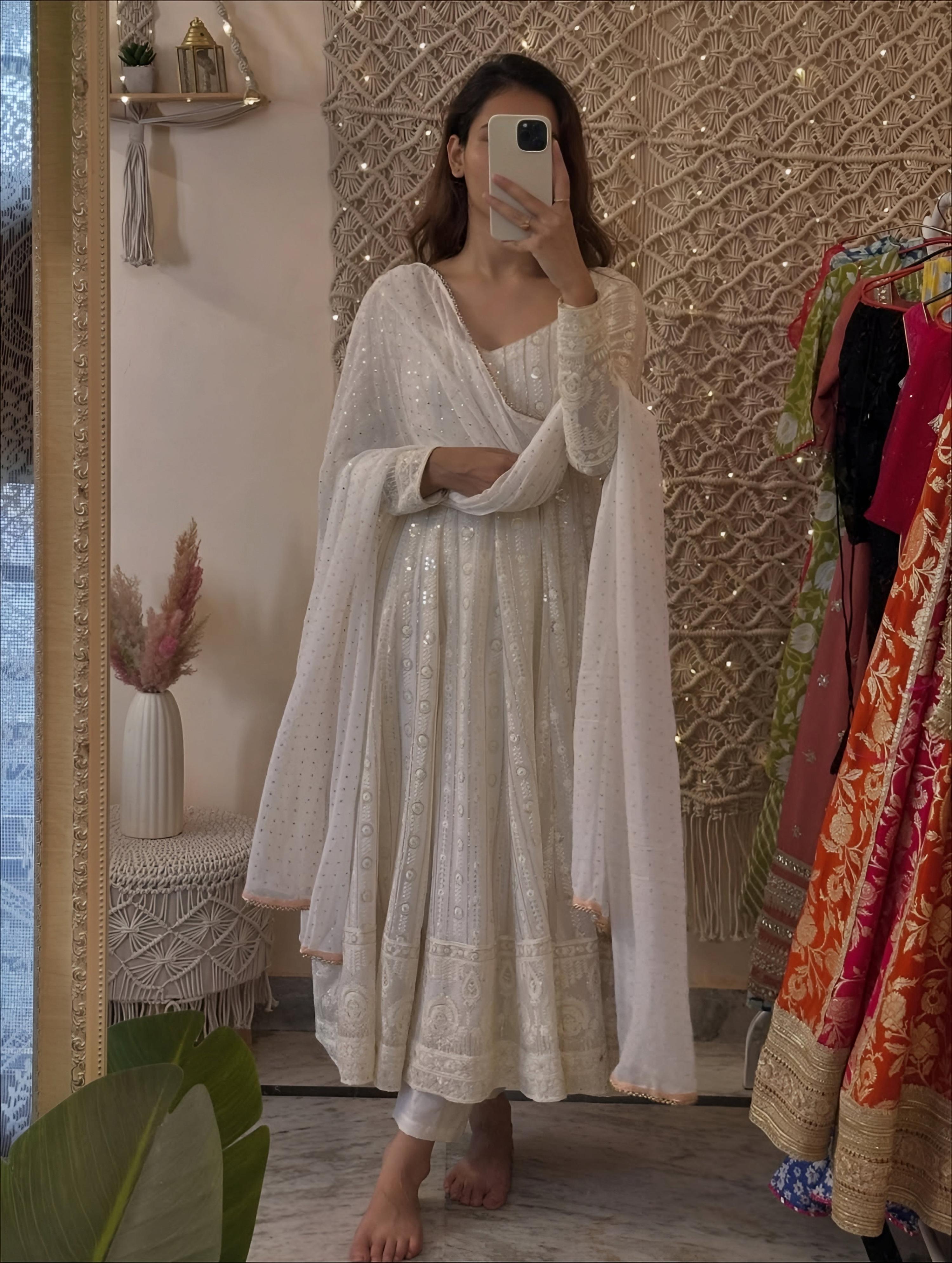 Yash Enterprise Off White Faux Blooming Party Wear Embroidery Suit Set - Distacart