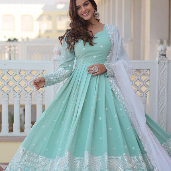 Yash Enterprise Green Pista Faux Georgette Party Wear Embroidery Suit Set - Distacart