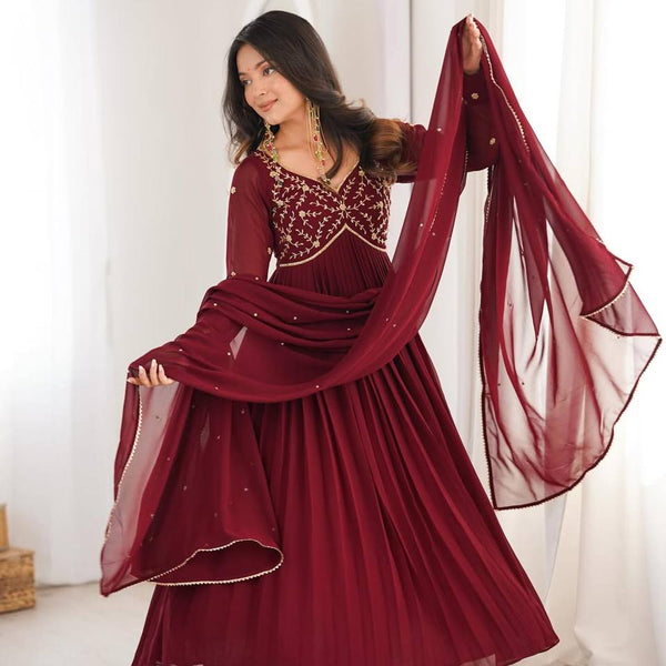 Yash Enterprise Maroon Faux Georgette Party Wear Embroidery Suit Set - Distacart