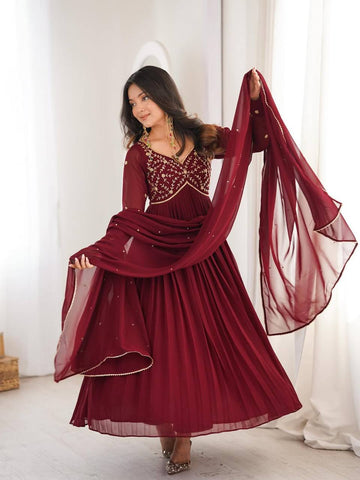Yash Enterprise Maroon Faux Georgette Party Wear Embroidery Suit Set - Distacart