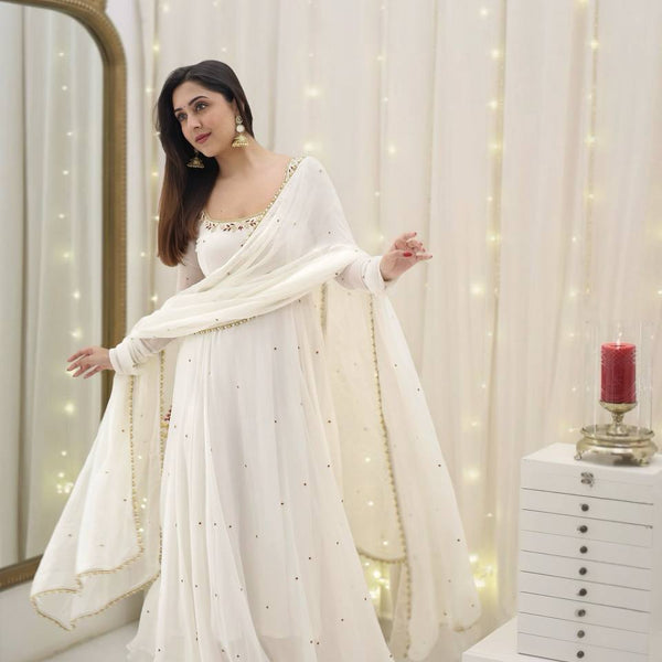 Yash Enterprise White Star Georgette Silk Embroidery Party Wear Uit Set - Distacart