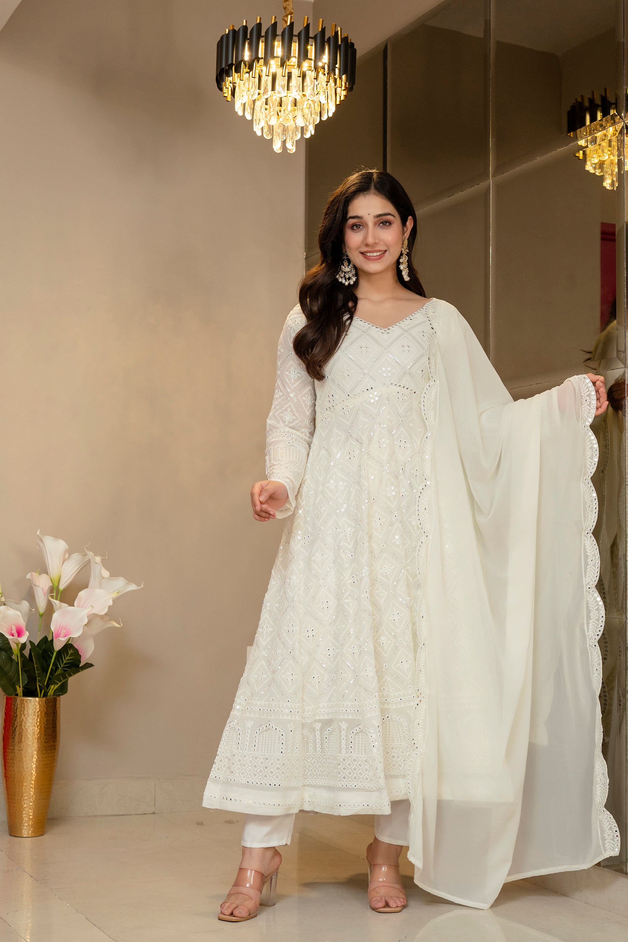 Yash Enterprise Off White Georgette Party Wear Embroidery Suit Set - Dista