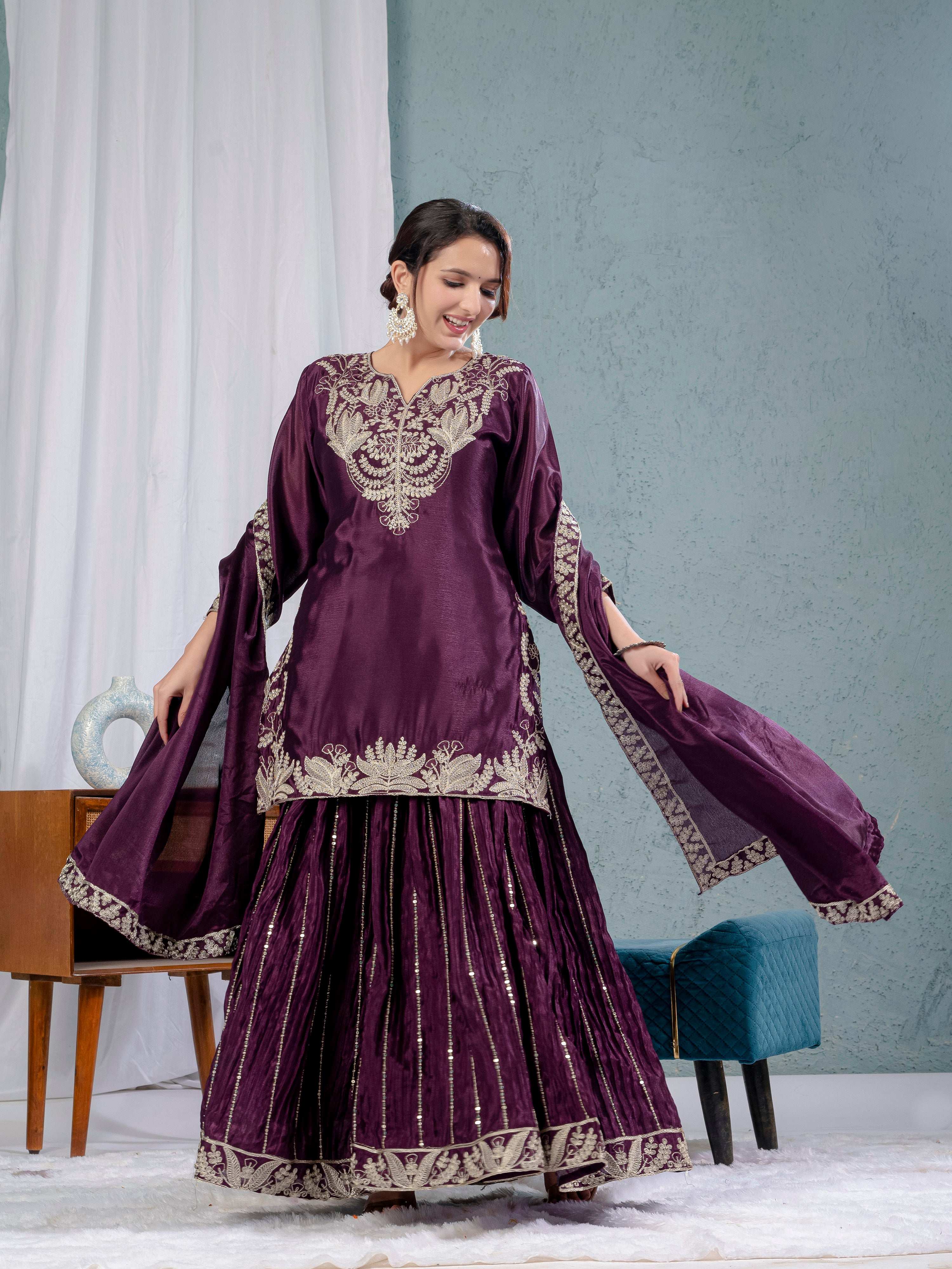 Yash Enterprise Wine Chinon Silk Embroidery Party Wear Suit Set
