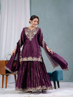 Thumbnail for Yash Enterprise Wine Chinon Silk Embroidery Party Wear Suit Set