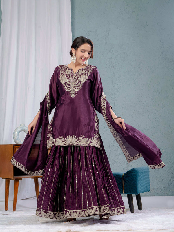 Yash Enterprise Wine Chinon Silk Embroidery Party Wear Suit Set