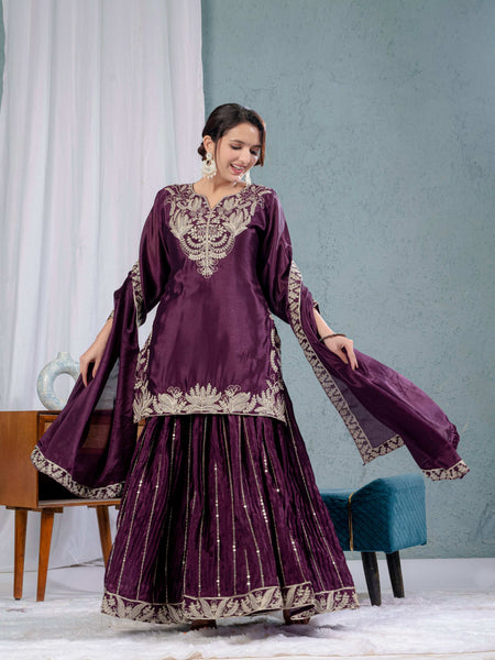 Yash Enterprise Wine Chinon Silk Embroidery Party Wear Suit Set
