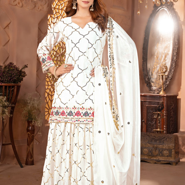 Yash Enterprise White Chinon Silk Embroidery Party Wear Suit Set - Distacart