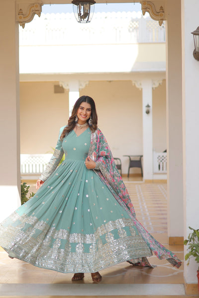 Yash Enterprise Sea Green Georgette Embroidered Long Kurti SetWith Multicolour Dupatta