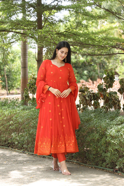 Yash Enterprise Orange Georgette Embroidery Party Wear Suit Set