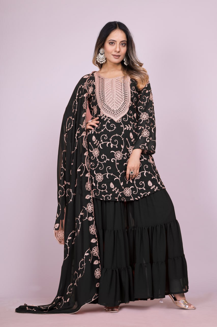 Yash Enterprise Black Chinon Silk Party Wear Embroidery Suit Set