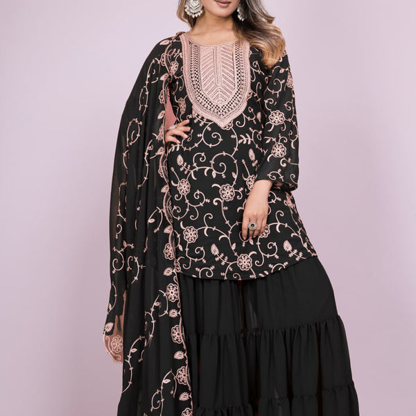 Yash Enterprise Black Chinon Silk Party Wear Embroidery Suit Set