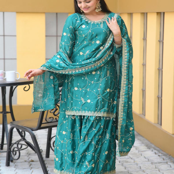 Yash Enterprise Alluring Bottle Green Embroidery Work Readymade Salwar Suit