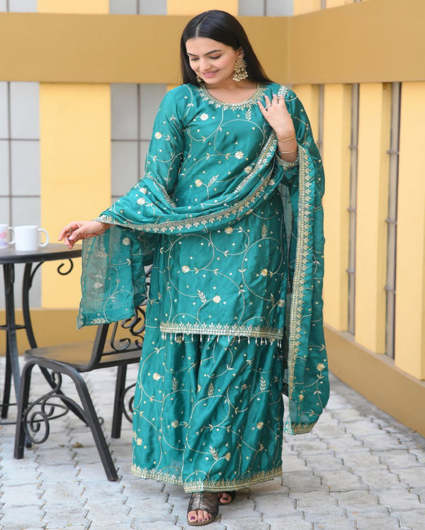 Yash Enterprise Alluring Bottle Green Embroidery Work Readymade Salwar Suit