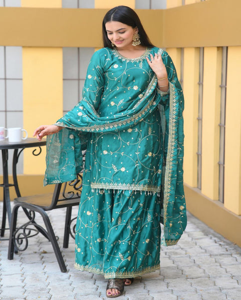 Yash Enterprise Alluring Bottle Green Embroidery Work Readymade Salwar Suit