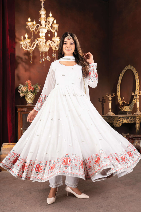 Yash Enterprise White Faux Blooming Embroidery Party Wear Suit Set