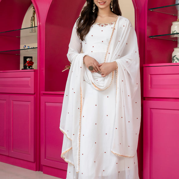 Yash Enterprise White Georgette Party Wear Embroidery Suit Set - Dista