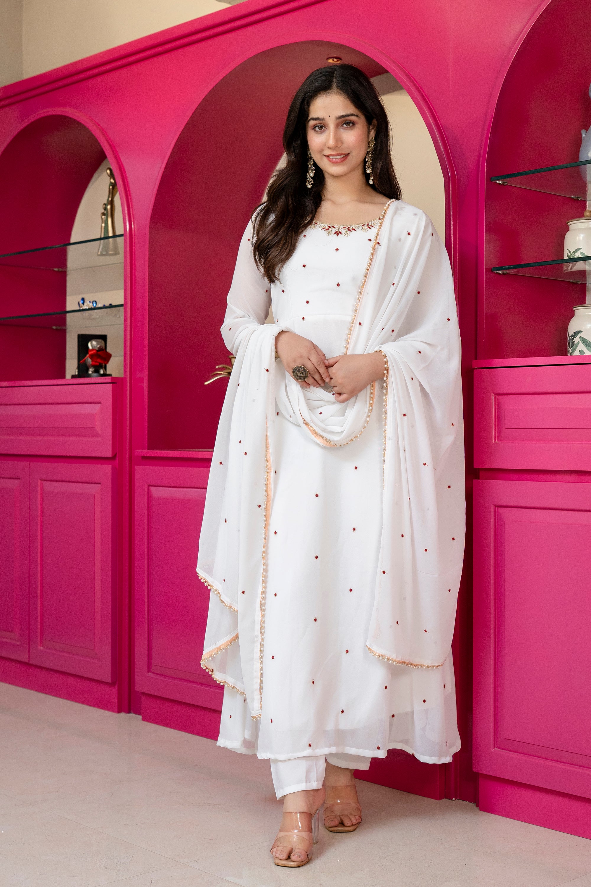 Yash Enterprise White Georgette Party Wear Embroidery Suit Set - Dista