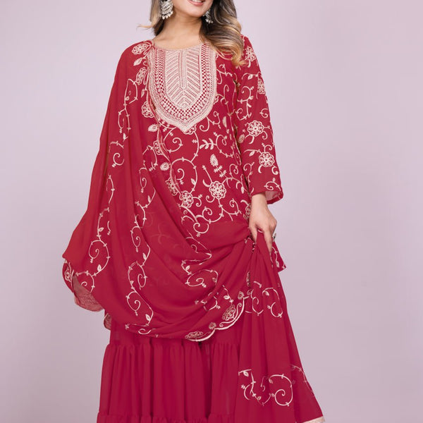 Yash Enterprise Maroon Chinon Silk Party Wear Embroidery Suit Set