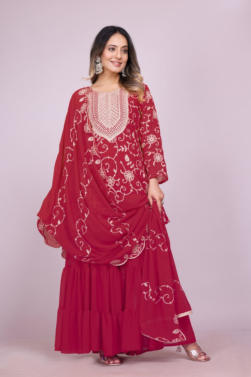 Yash Enterprise Maroon Chinon Silk Party Wear Embroidery Suit Set - Distacart