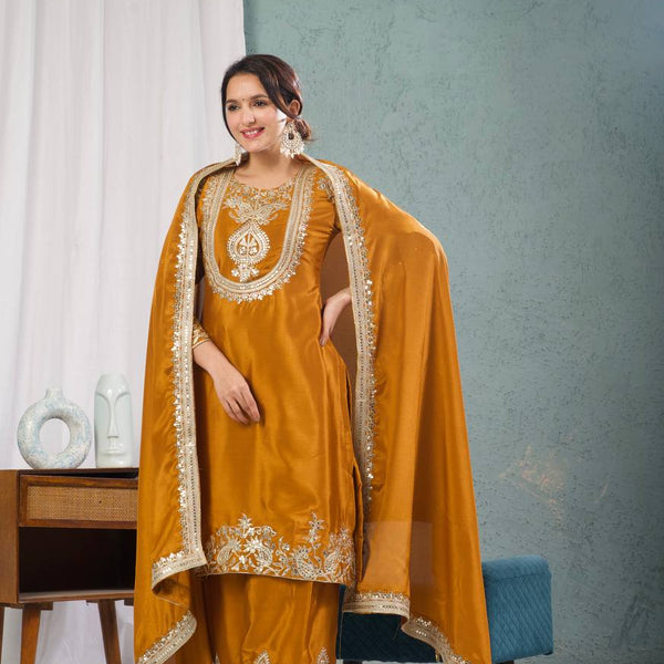 Yash Enterprise Gold Chinnon Silk Embroidery Party Wear Suit Set