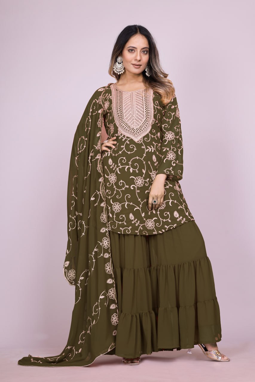 Yash Enterprise Mahendi Chinon Silk Party Wear Embroidery Suit Set