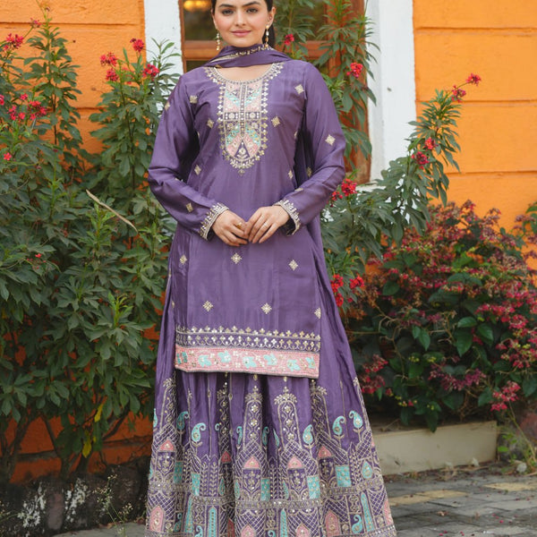 Yash Enterprise Purple Chinon Silk Party Wear Embroidery Suit Set - Distacart