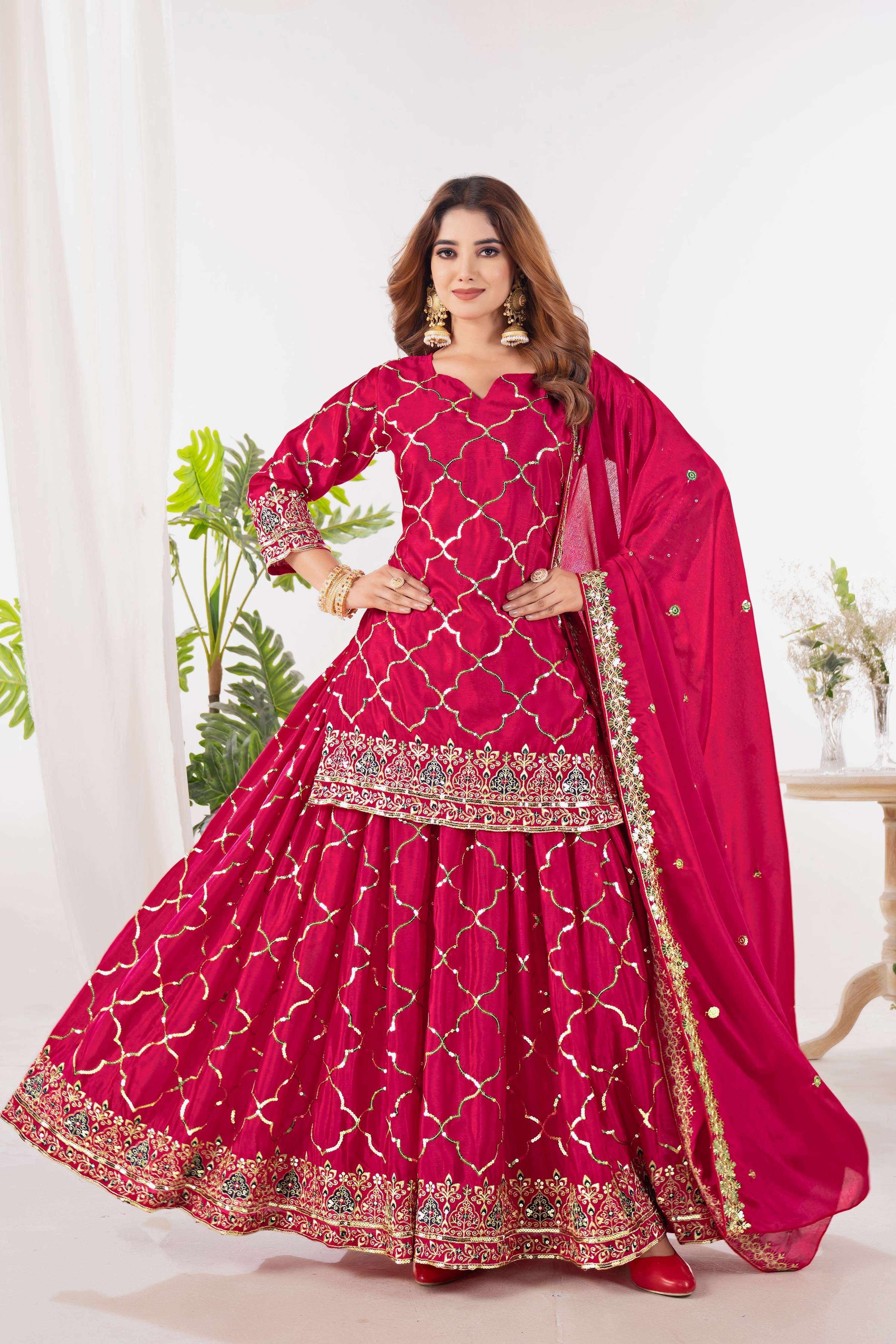Yash Enterprise Red Chinnon Silk Embroidery Party Wear Suit Set