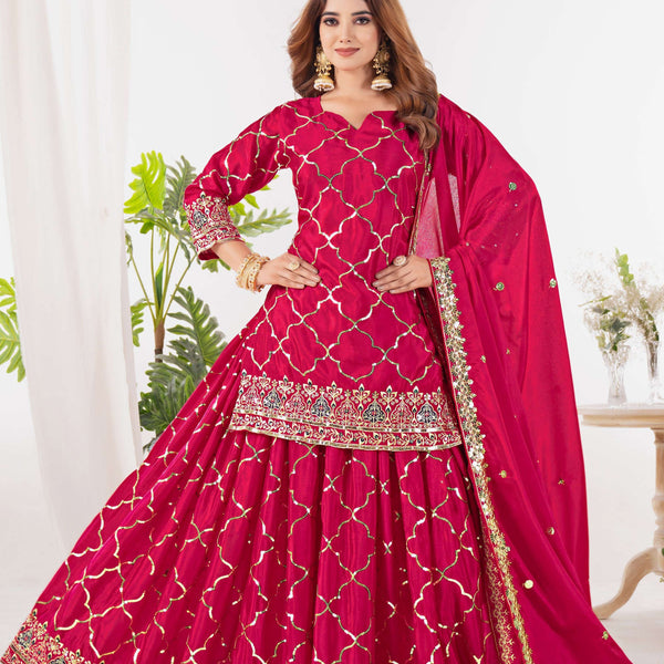 Yash Enterprise Red Chinnon Silk Embroidery Party Wear Suit Set