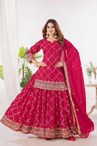 Yash Enterprise Red Chinnon Silk Embroidery Party Wear Suit Set
