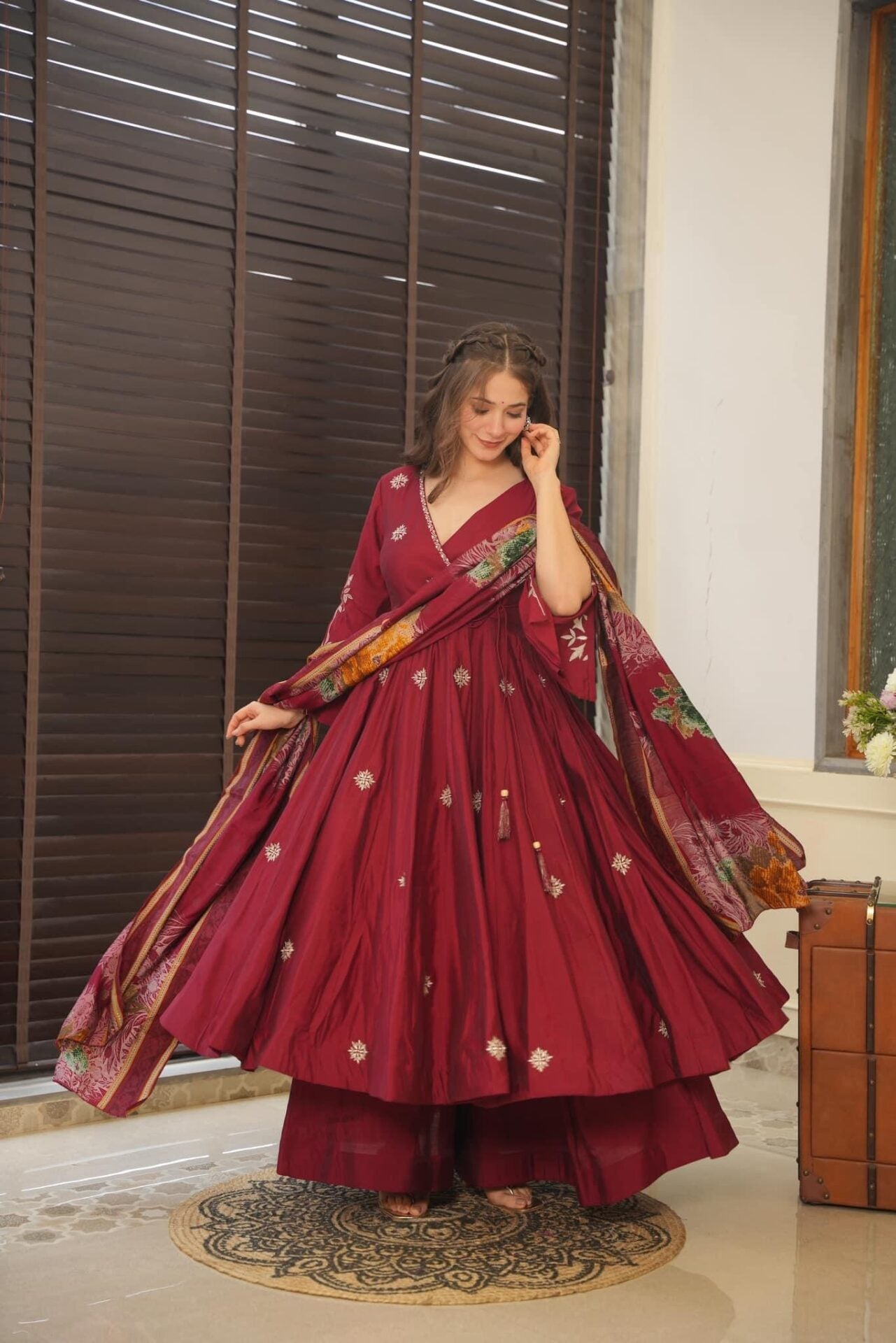 Yash Enterprise Maroon Maslin Cotton Anarkali Suit Set