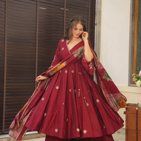 Yash Enterprise Maroon Maslin Cotton Anarkali Suit Set